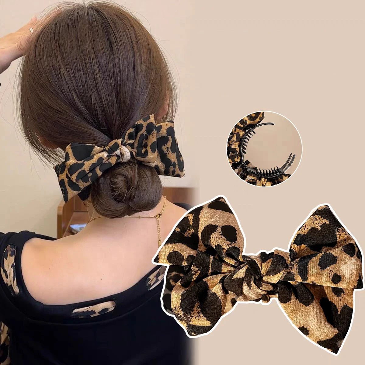 AWAYTR Korean Leopard Bow Grab Clip Ponytail Holder Sweet Hair Claw Hairgrip Elegant Soft Hair Clip for Girls Hairpin Headwear