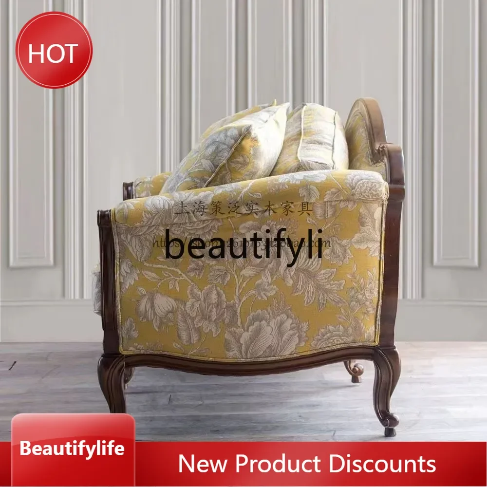 

a383 Американский стиль, сетчатый тканевый диван из цельного дерева, двойной тройной диван, ретро, большая квартира, вилла, спальня, диван