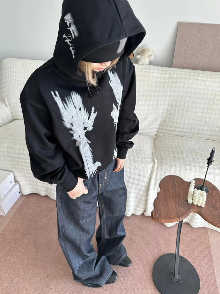 Retro American Streetwear fiti Print Hoodie Loose Casual Versatile Fall Winter New Sle Women's Cotton Long Sve Sweat...