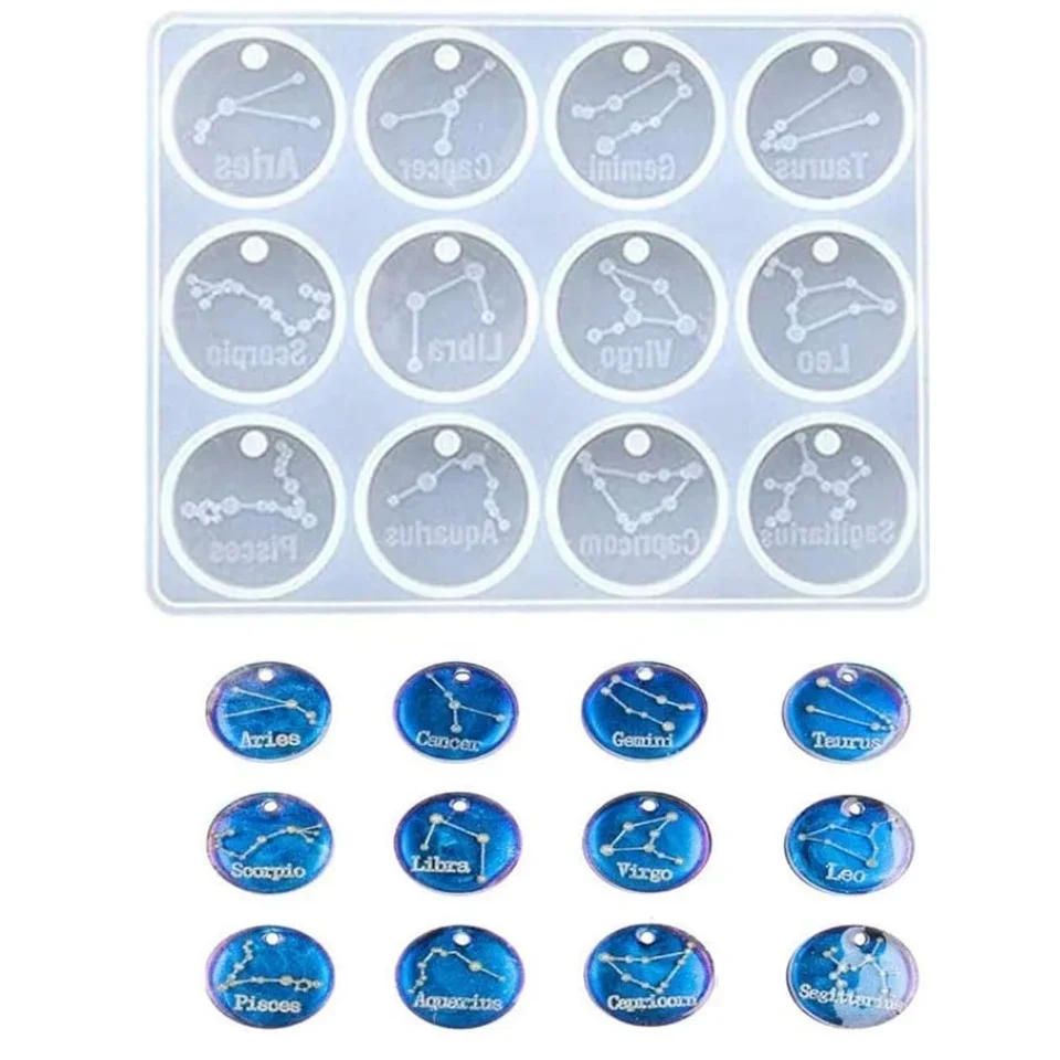 12 Zodiac Constellation Resin Molds, Round Zodiac Sign Epoxy Resin Molds for Jewelry Making DIY Craft, Resin Keychains, Clay Cra