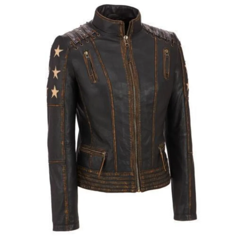 Women Leather Jacket Cafe Racer Vintage Biker Distressed Brown Real Leather Coat Stand Collar High-end Trench Coat