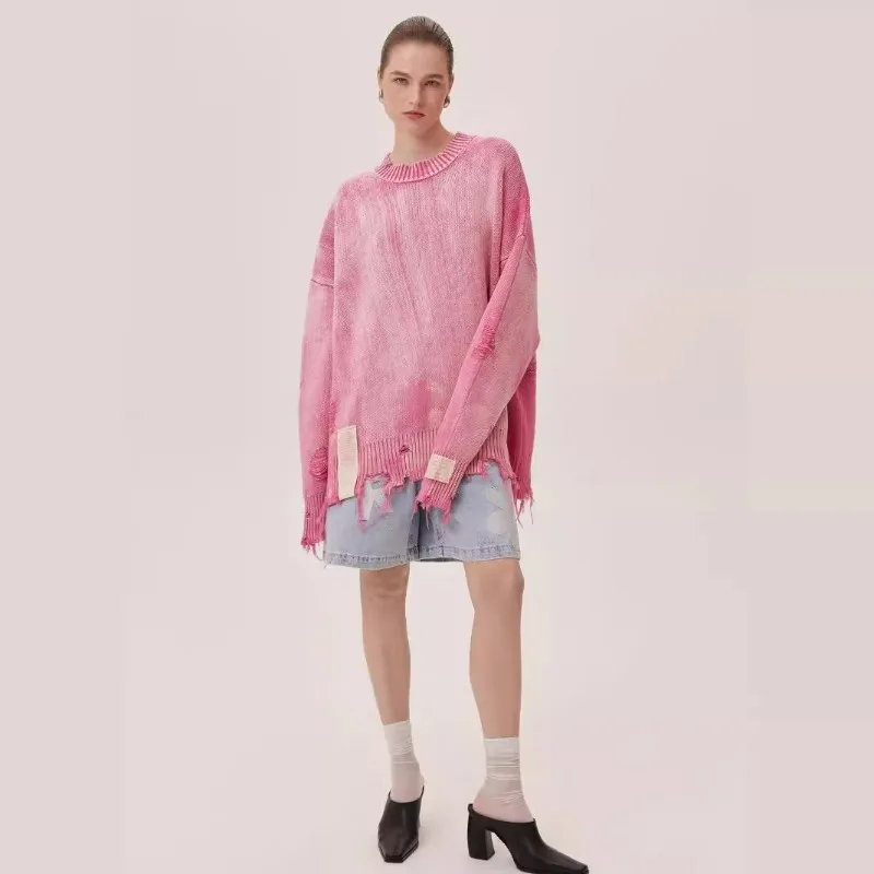 European American Vintage Laid-back Tattered Style Pullovers in Autumn Winter Loose Jacquard Casual Knitted Sweater for Women
