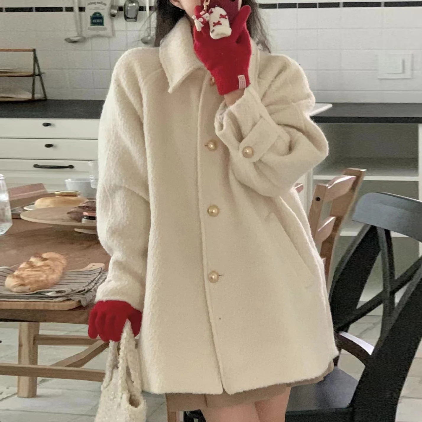 

Женское шерстяное пальто осенне-зимнее свободного кроя с воротником-стойкой, длинное, с высоким воротником, на одной пуговице, однотонное, в корейском стиле