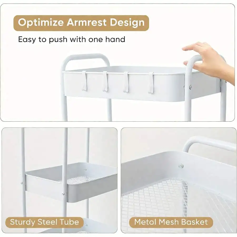 3-Tier Metal Rolling Storage Cart With Lockable Wheels - Multi-Functional Mobile Storage Organizer For Kitchen, Bathroom, Office