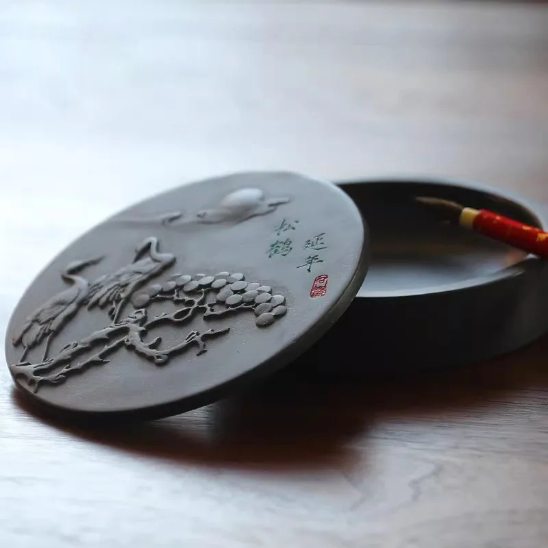 Traditional Chinese Ink Stone with Lid 5 Inch Natural Raw Stone Calligraphy Set Gift for Writer Painting Scholar Supplies