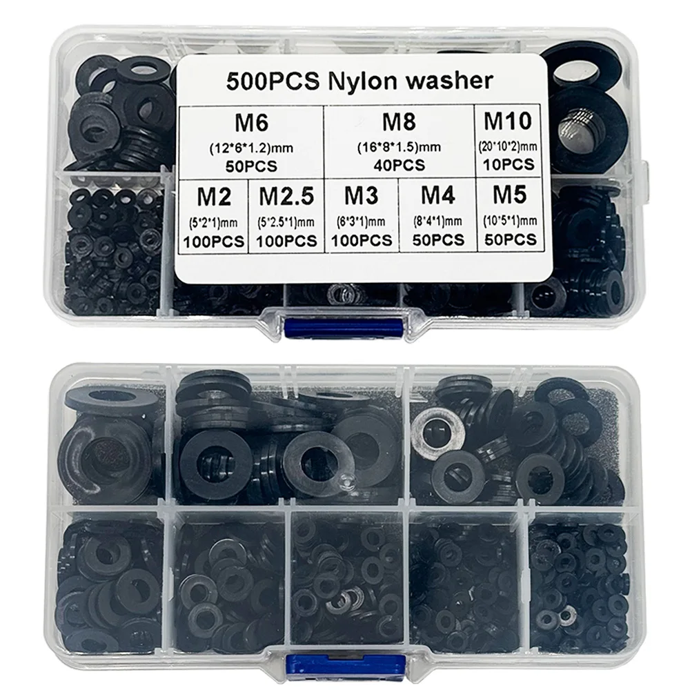500pcs Nylon Washer Flat Assortment Set with 8-size Safety Plates M2 M2.5 M3 M4 M5 M6 M8 M10 Nylon Sealing Washers
