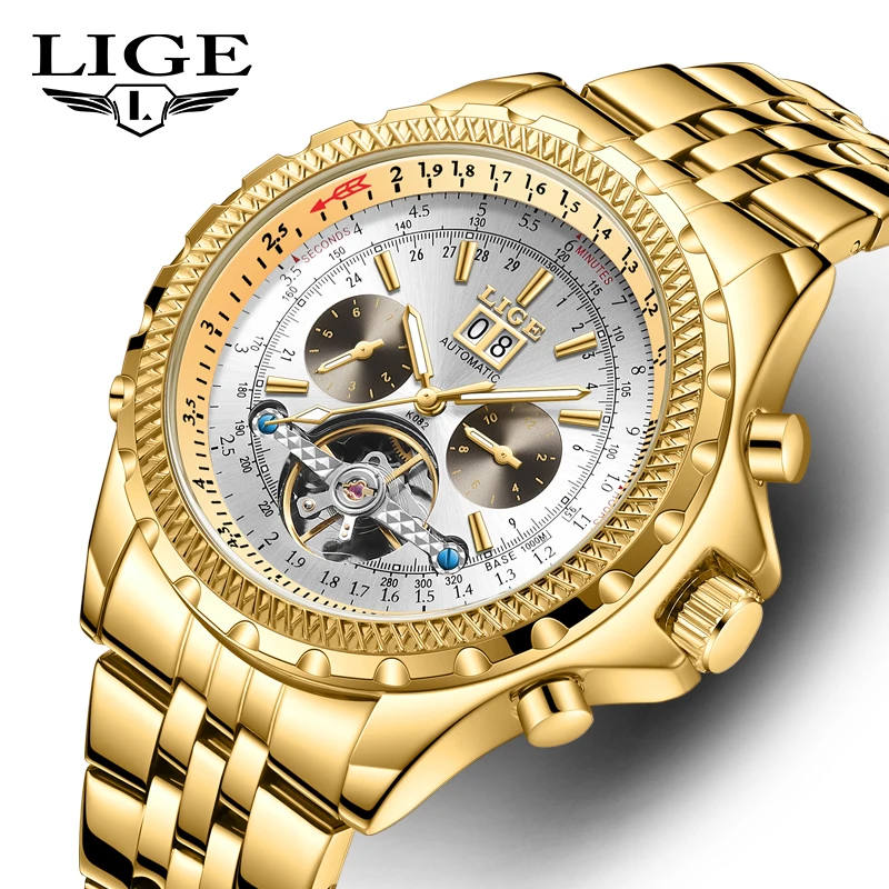 LIGE Top Brand Watch for Men Luxury Automatic Mechanical Watch Tourbillon Waterproof Date Men Wristwatch Stainless Steel Watches