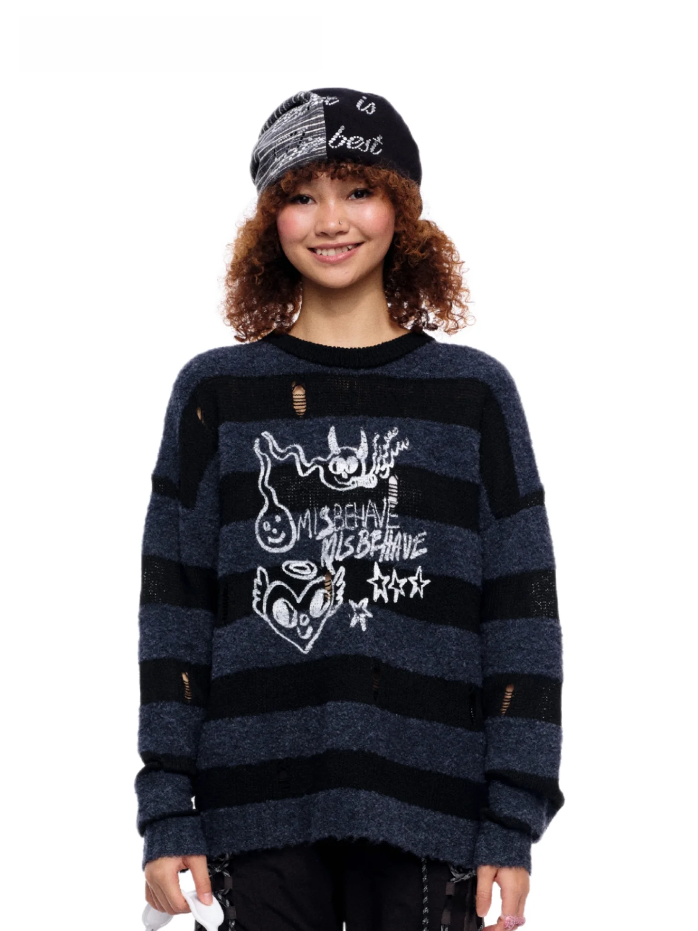 

Вязаный свитер Mofiscrcolor для девочек, черный, в полоску, с принтом, круглый вырез, американский стиль, повседневный, из смесового полиэстера, с длинными рукавами