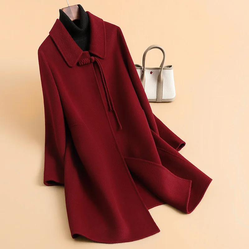 2025 autumn new large size women's wool coat new Chinese high-end red coat medium and long woolen coat