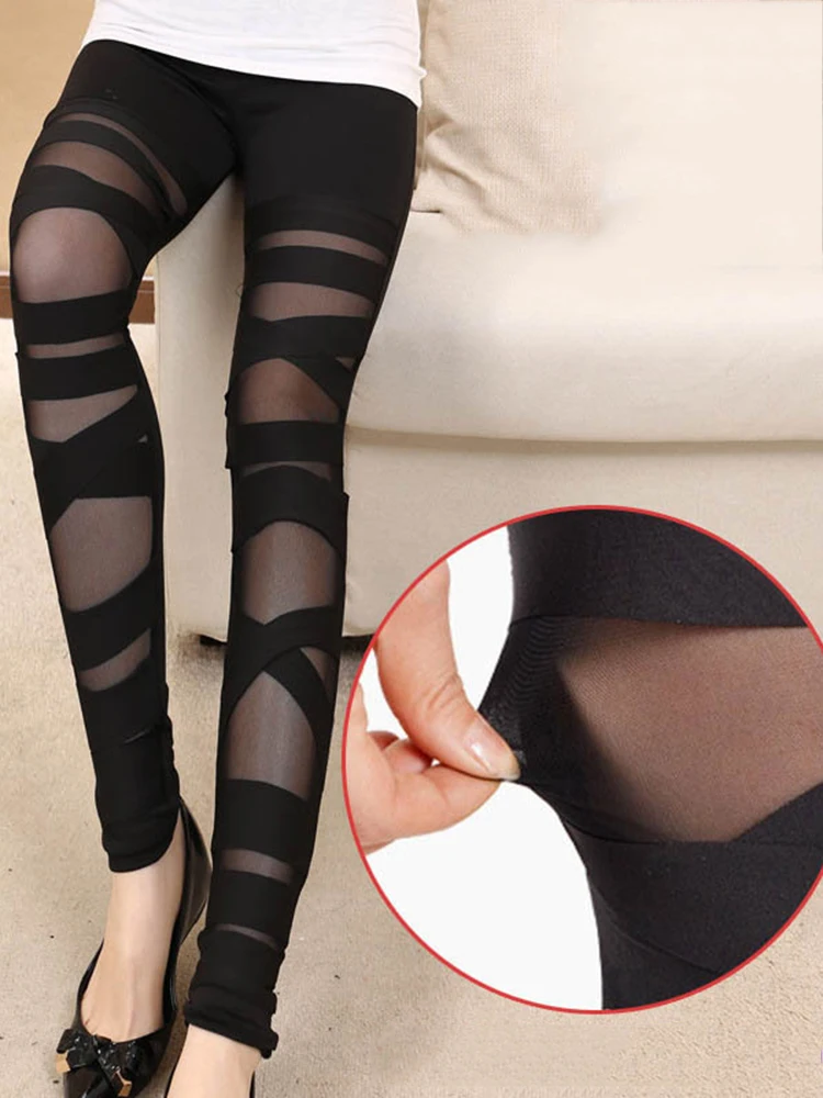 New Nightclub Bandage Novelty Sexy Leggings Women Mesh Pencil Pants Black Leggins Streetwear Jogging