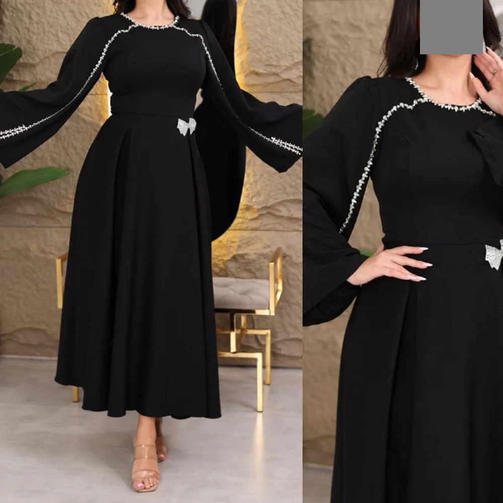 

Customized A-Line Evening Dresses Tea-Length O-Neck Full Sleeve Prom Gown Fashion Crystal Bow Simple Draped Casual Party Gown