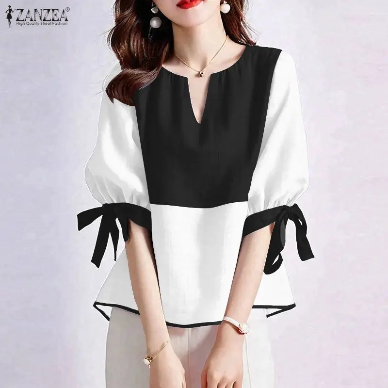 

Women Summer Patchwork Blouse 2026 ZANZEA Elegant Work Shirt Female V Neck Short Sleeve Tops Casual Lace Up Holiday Blusas Mujer