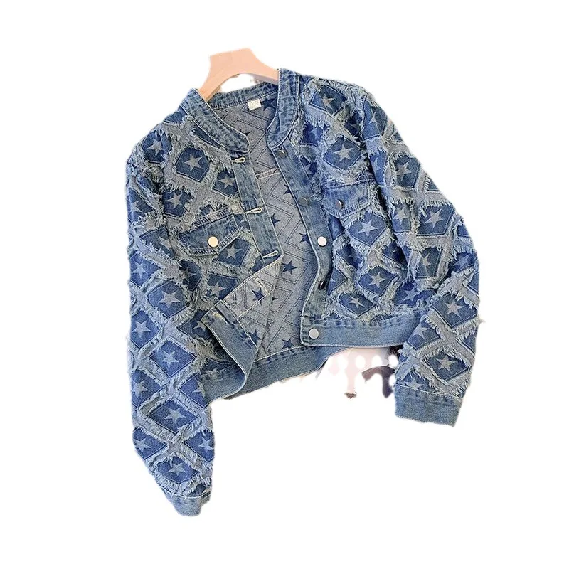 Coat Women Denim Coats Round Neck Jackets Y2k Streetwear Work Casual Loose Elegant Splice Work Jacket 2025 Autumn Winter