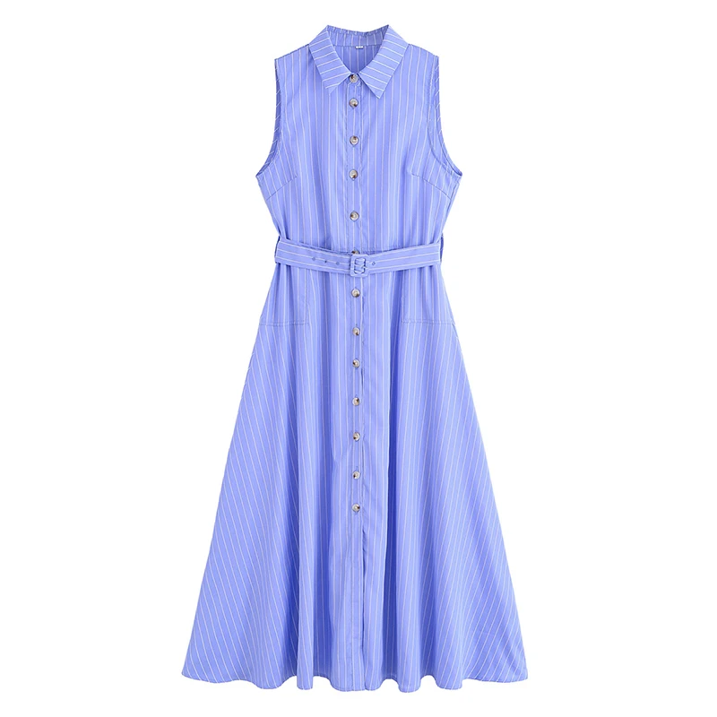 فساتين YENKYE قميص طويل مخططة باللون الأزرق للنساء بزر أمامي مع حزام على شكل حرف a بدون أكمام فساتين ماكسي أنيقة