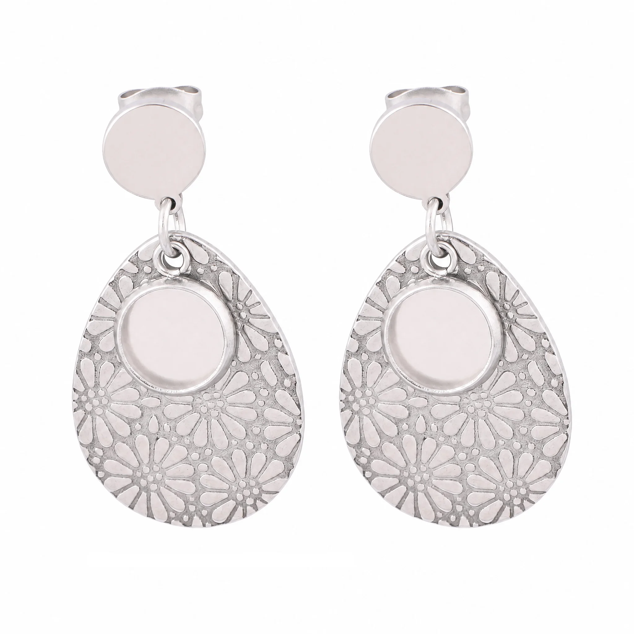 6pcs Stainless Steel Teardrop Floral Charm Earring Base Blanks Fit 8mm Cabochon Bezel Settings Diy Post Earrings Studs Findings