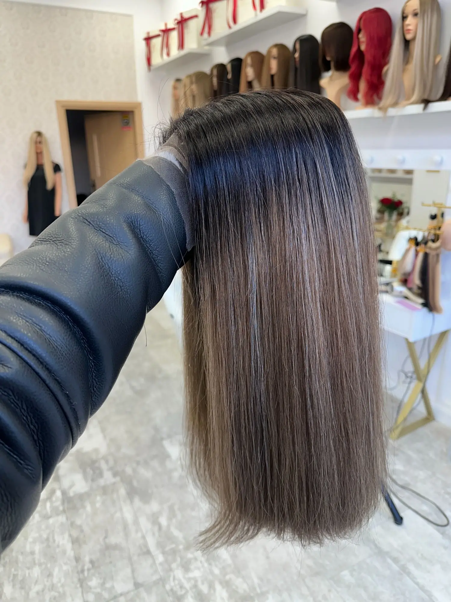 Natural Straight Soft 16 Inches Dark Brown Synthetic Lace Top Wigs With Dark Roots Highlights High Quality Realistic Look Hair