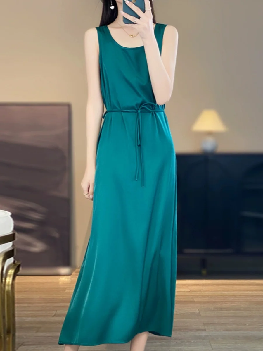 Ele acetato cetim feminino dr com cintura acetada saia longa textura suave com cinto svel solto novo sle