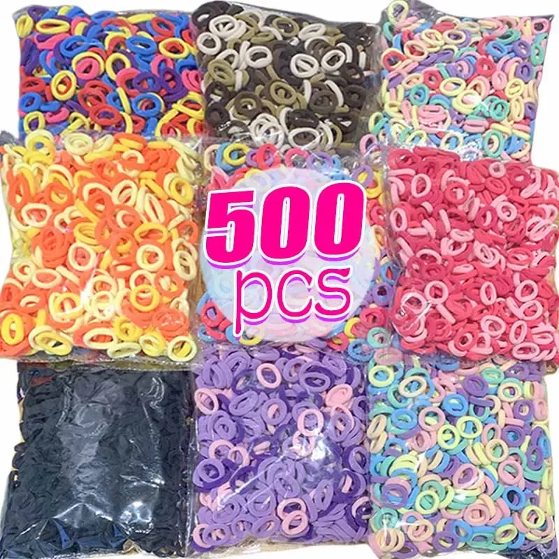 500/100Pcs Colorful Basic Nylon Ealstic Hair Ties for Girls Ponytail Hold Scrunchie Rubber Band Kid Fashion Hair Accessories