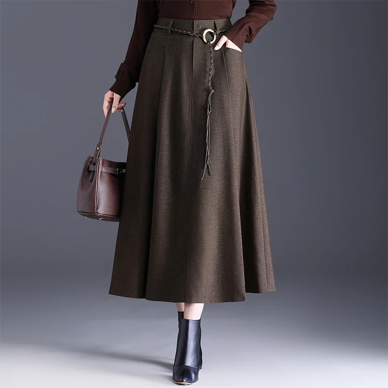 

Ele High Waist A-Line Midi Skirt Women's Autumn Winter New Sle Fulln Vintage Polyester Fiber Gauzy Feel Skirt