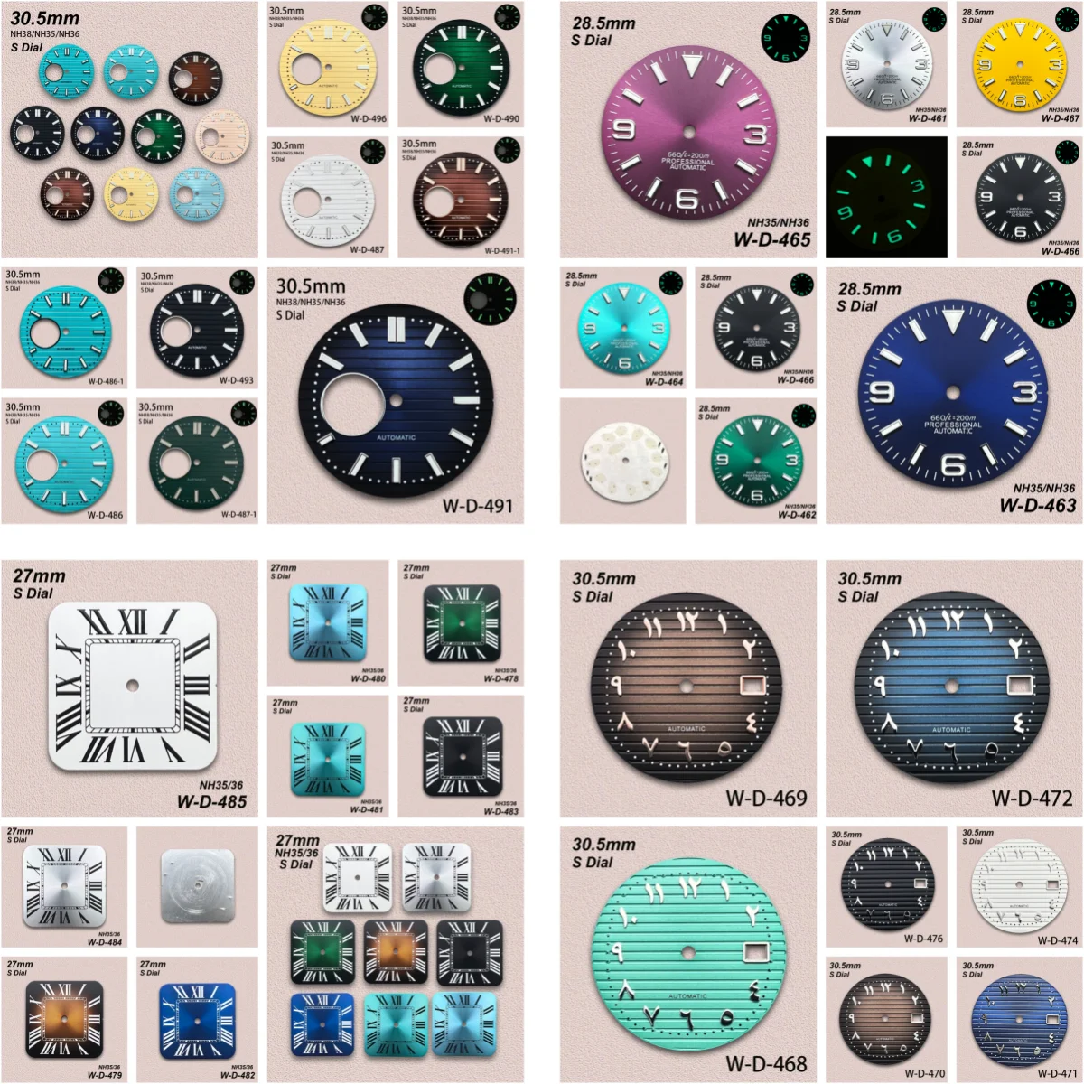 

28.5/27/30.5mm S Logo Square/Arab Dial Fit NH35/NH36/NH38 Movement Green Luminous Hollow-Out Watch Modification Accessories