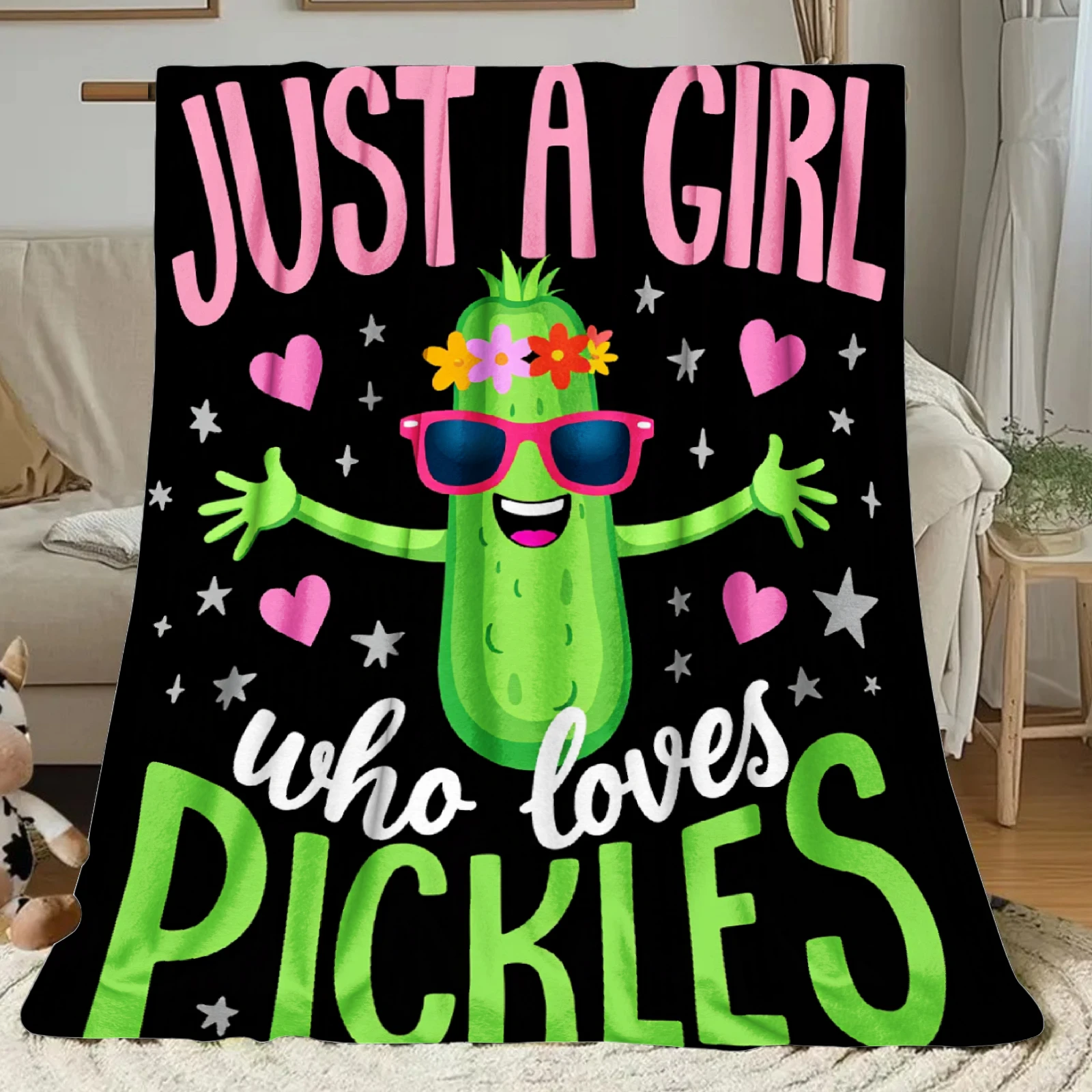 1Pc, JOOCAR Cute Pickle With Fashion Glasses And Flowers Printed Flannel Blanket, 280Gsm. Soft, Comfortable, Versatile