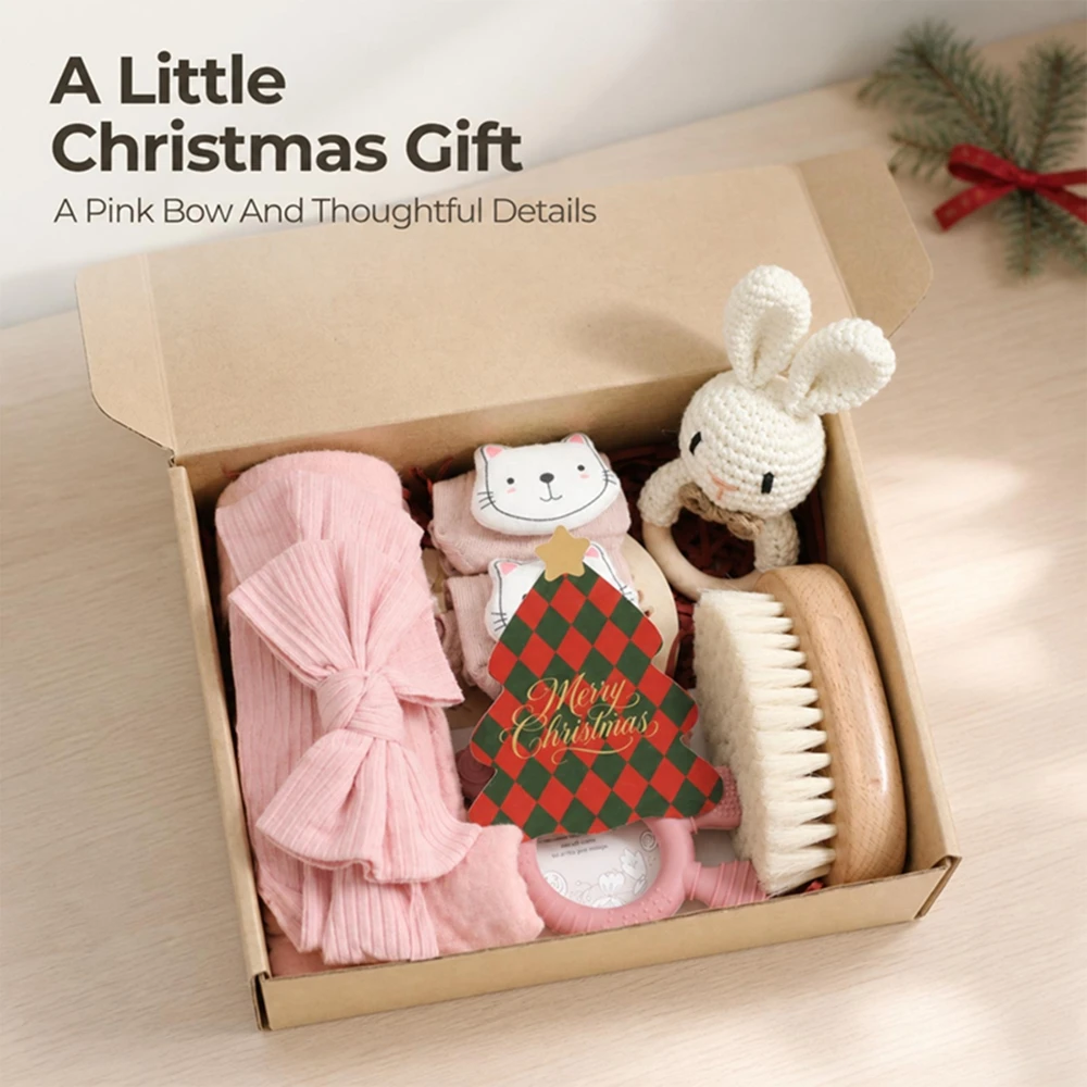 Christmas Baby Gift Set Newborn Infant Bath Towel Crochet Rattle Socks Wooden Car Hair Brush Milestone Card Baby Shower Present