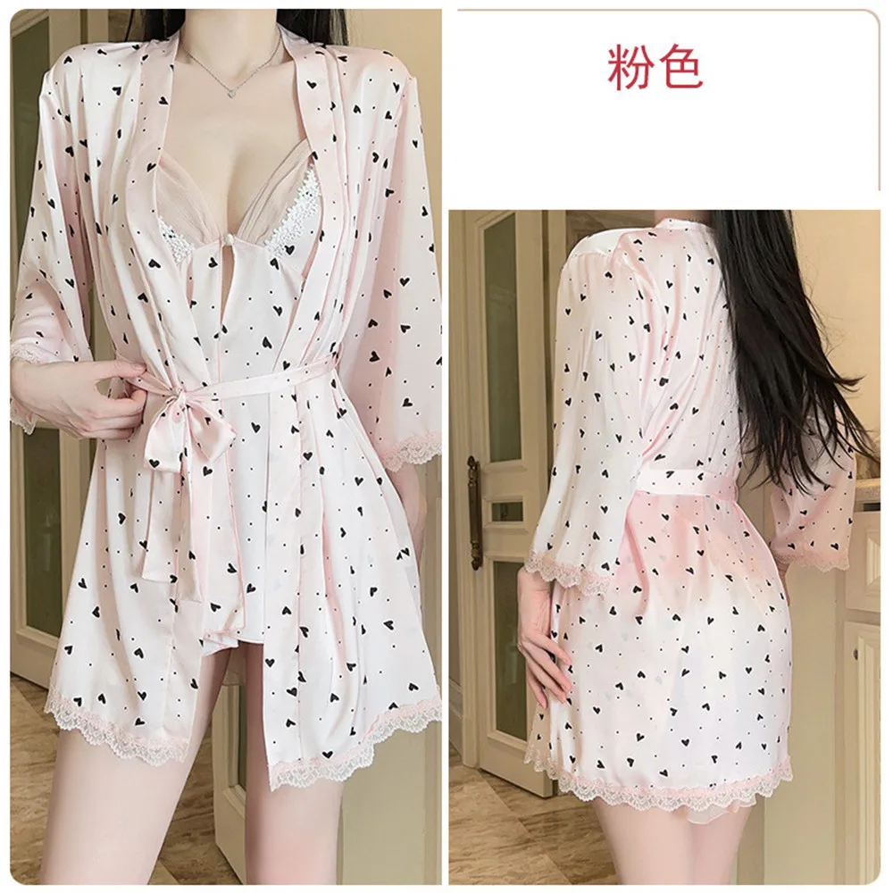 เซ็กซี่ลูกไม้ Trim Robe ชุดสตรีฤดูร้อนชุดนอนเสื้อคลุมอาบน้ํากิโมโนชุดหลวมสบายๆชุดนอนเซ็กซี่ชุดบ้าน