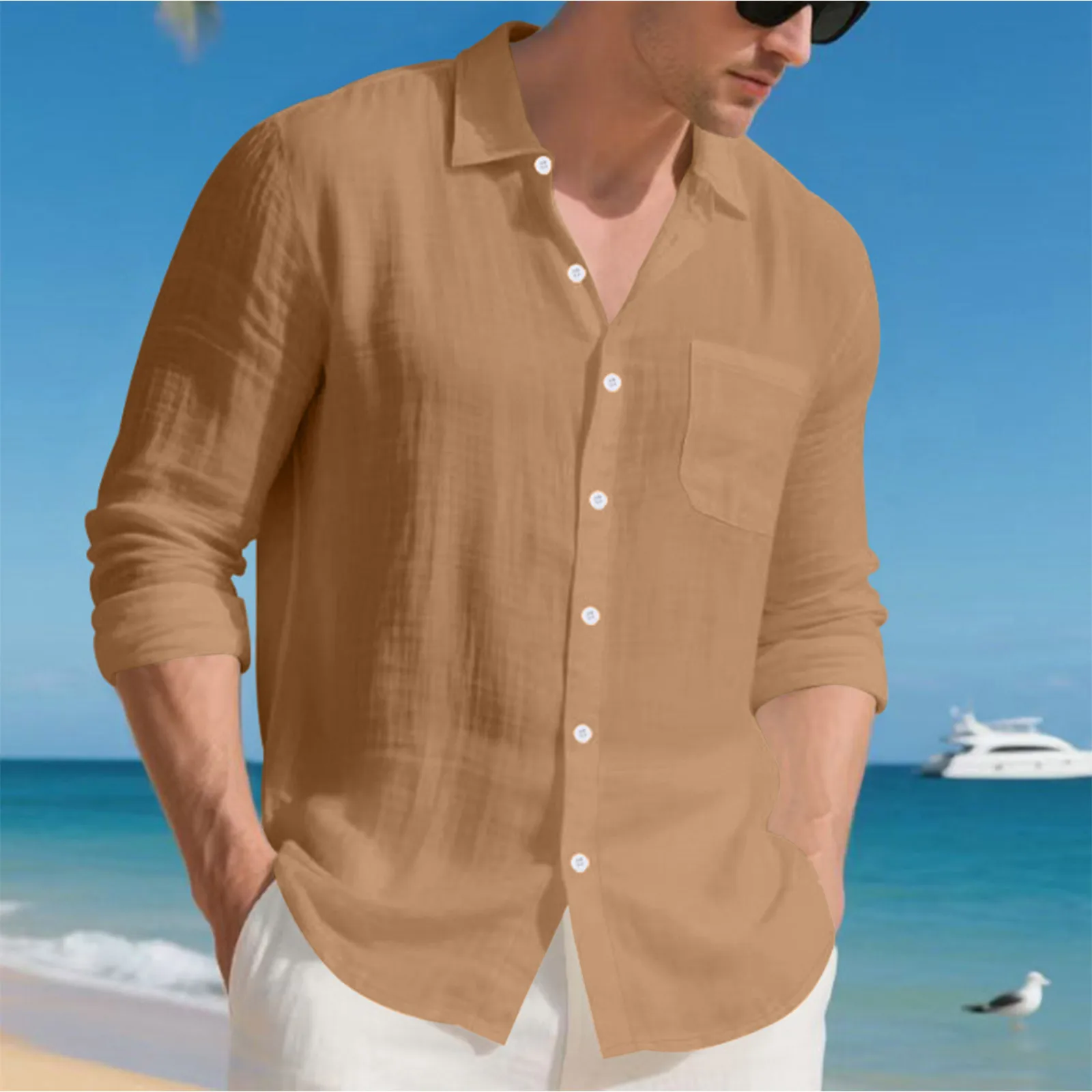 

Мужская повседневная льняная рубашка, однотонная свободная рубашка с длинными рукавами и воротником, кардиган, весна-лето, повседневные однобортные рубашки