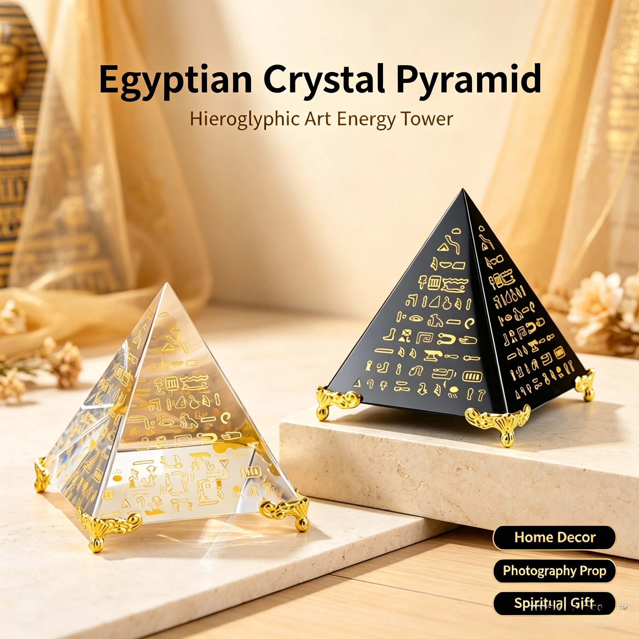 Egyptian Pyramid Crystal Glass Ornament Hieroglyph Decoration Ancient Culture Sculpture Home Desktop Decor Collectible Gift
