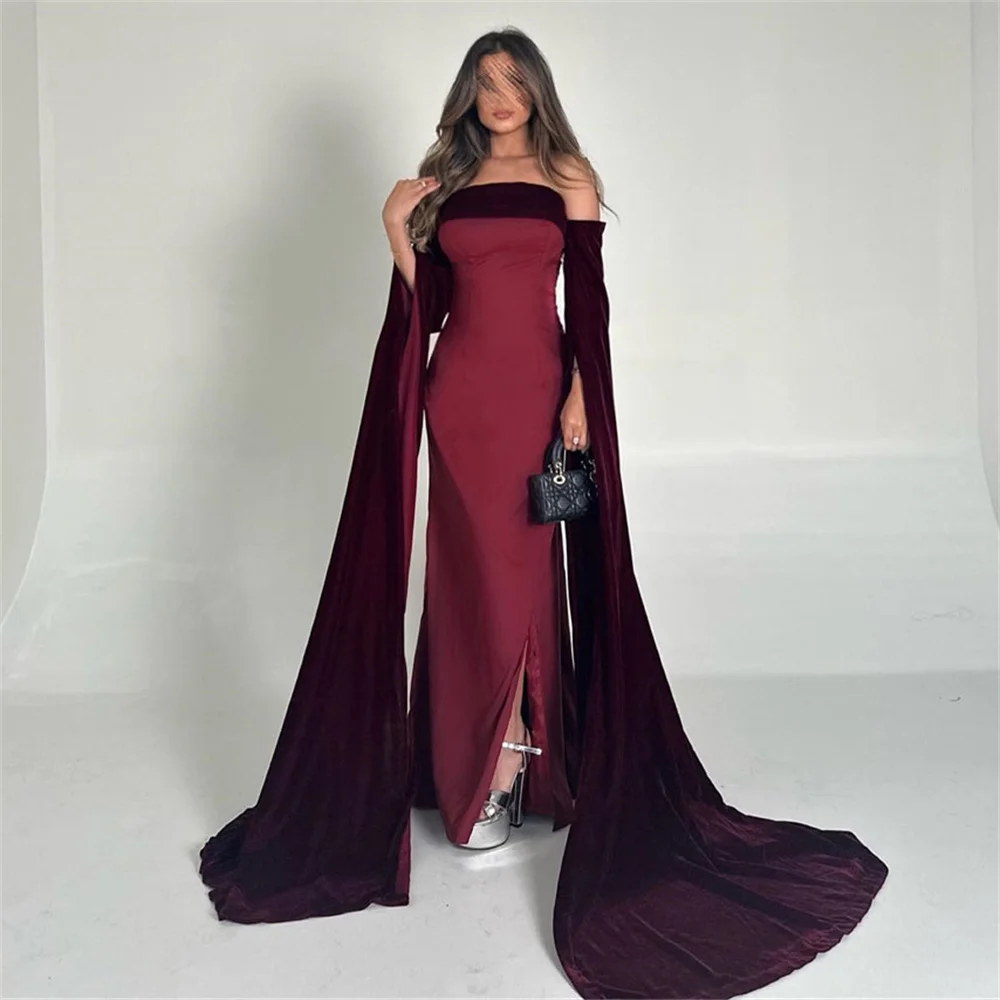 

ROYET Luxury Strapless Off The Shoulder Full Sleeve Long Prom Gown For Woman High Slit Sweep Train Elegant Formal Evening Dress