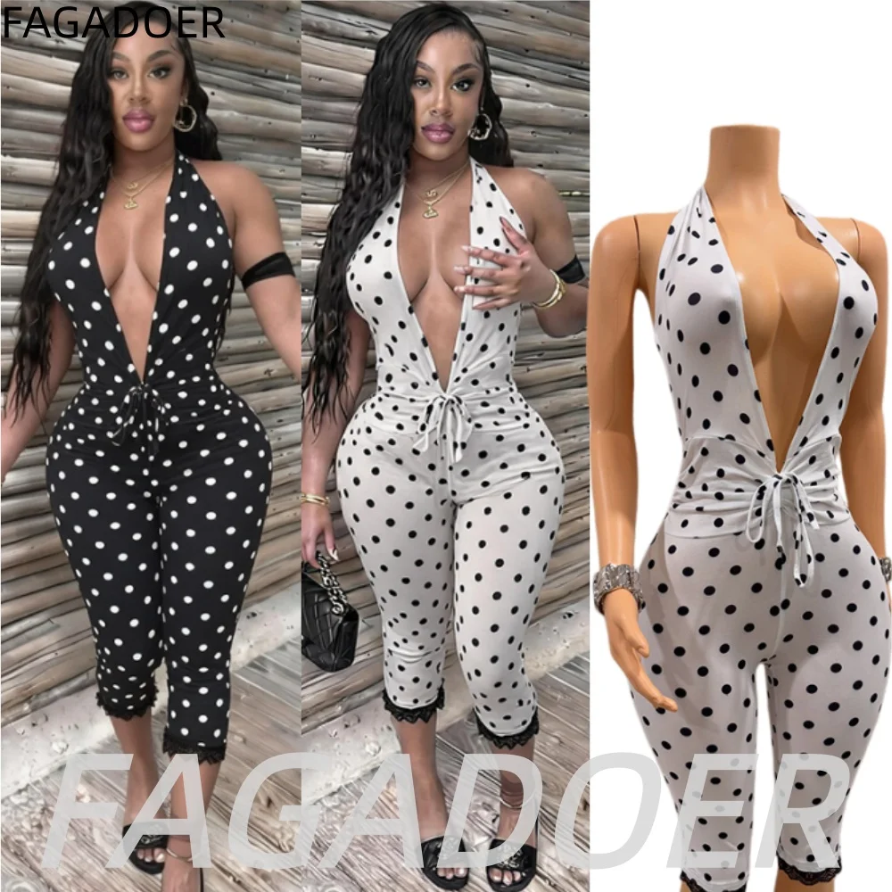 FAGADOER Retro Polka Dot Print Lace Patchwork Rompers Sexy Ruched Lace-up Deep V Bandage Halter Jumpsuits for Women Streetwear