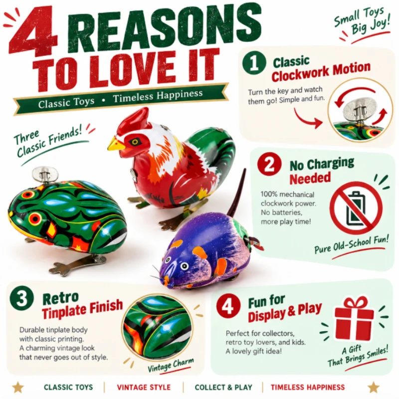 Classic Clockwork Tinplate Toy Collection, Wind‑Powered Jumping Animal Model, Retro Hobby Decor Ornament for Display & Gifting