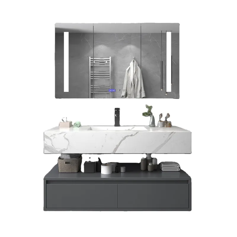 

Modern bathroom vanity set sintered stone bathroom sink with LED mirror cabinet