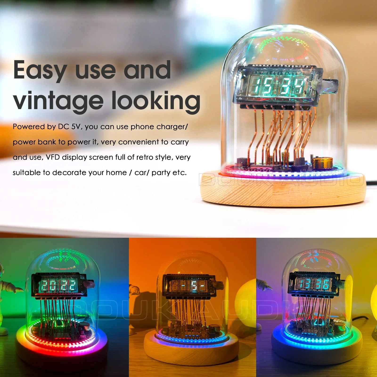 Douk Audio Vintage VFD Clock WIFI RGB LED Home Mantel & Shelf Clock Refer Nixie Tube Clock Desktop Decor Gift