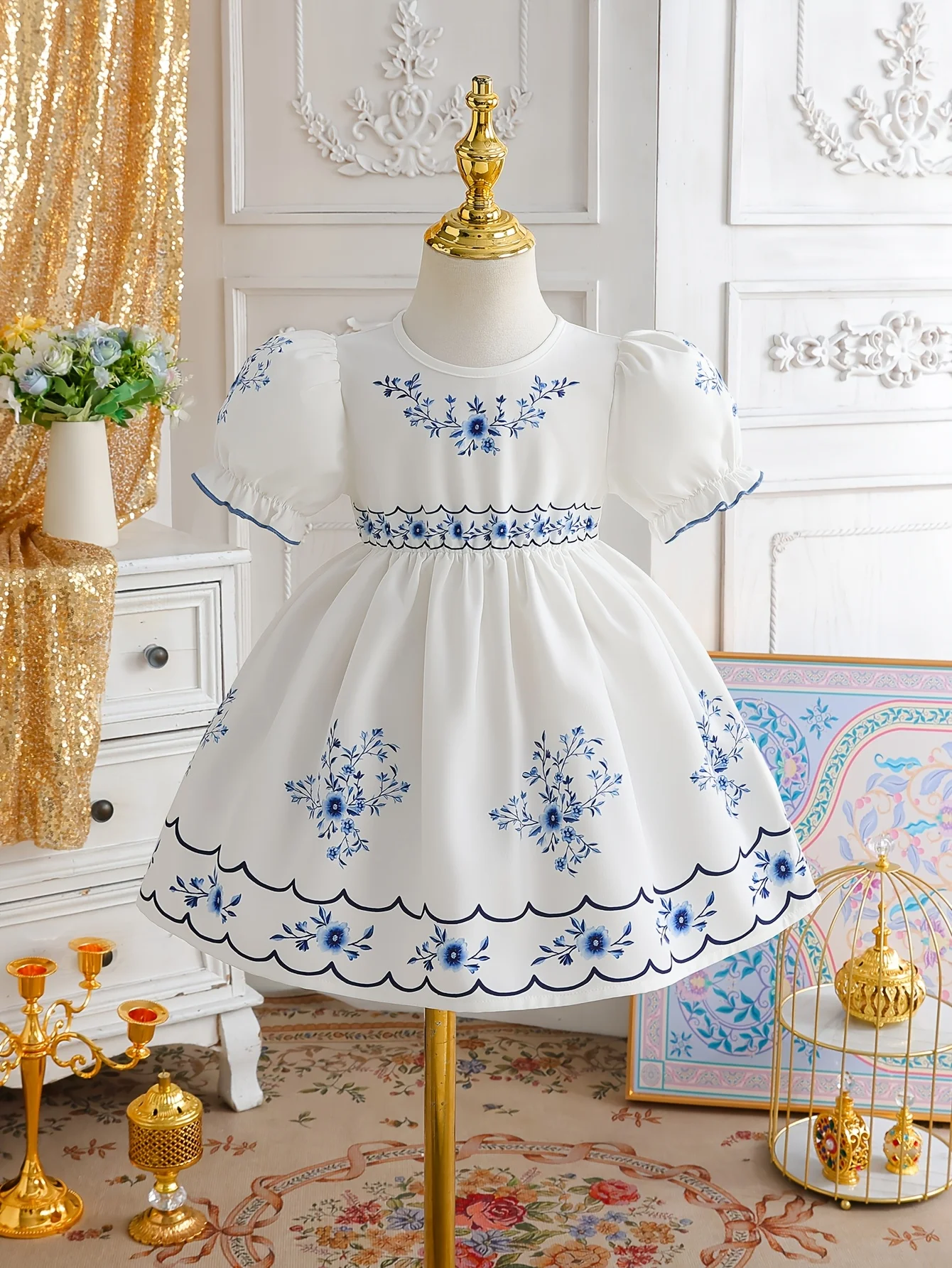 

Girls' Summer Dresses: Blue Floral Print Bubble Sleeve Princess Dress | Eid Gift / Girls' Birthday Gift