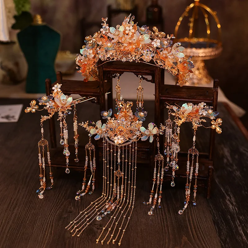 Bruids Xiuhe Hoofdtooi Chinese Bruiloft Grandeur Kwastje Coronet Oude Kostuum Hof Haaraccessoires en Jurk Accessoires