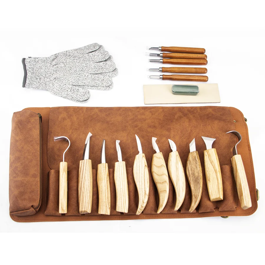 

19-Piece Wood Carving Tool Set - Wood Chisel Set With Carrying Bag With Handle, Safety Gloves, Sharpening Stone, Leather Strip
