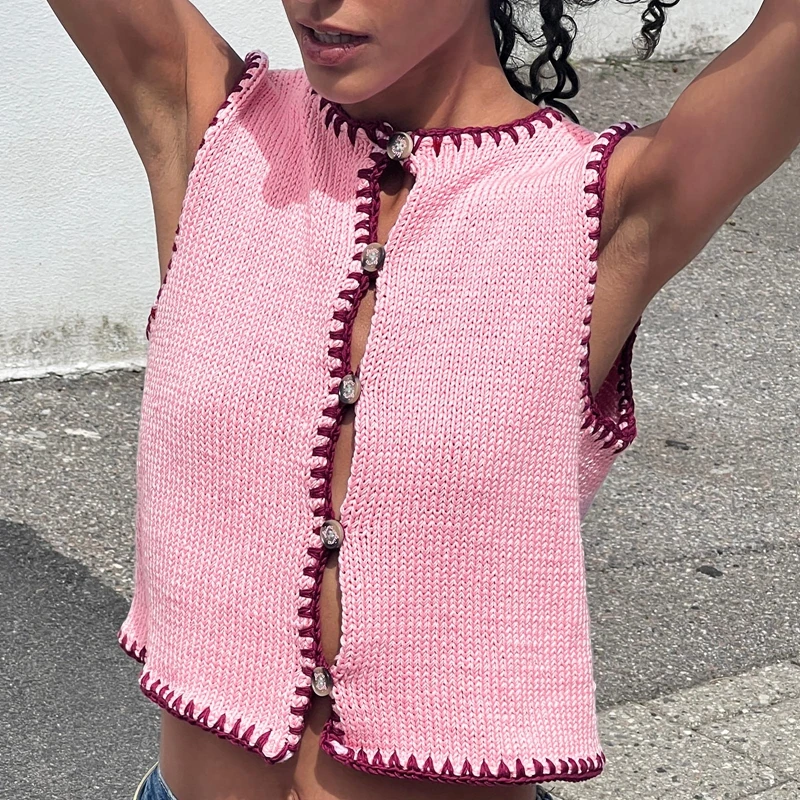 Y2K Knitted Sweater Vest Contrast Color Button-front Closure Round Neck Sleeveless Cardigan Vintage Knitwear Crop Tank Tops