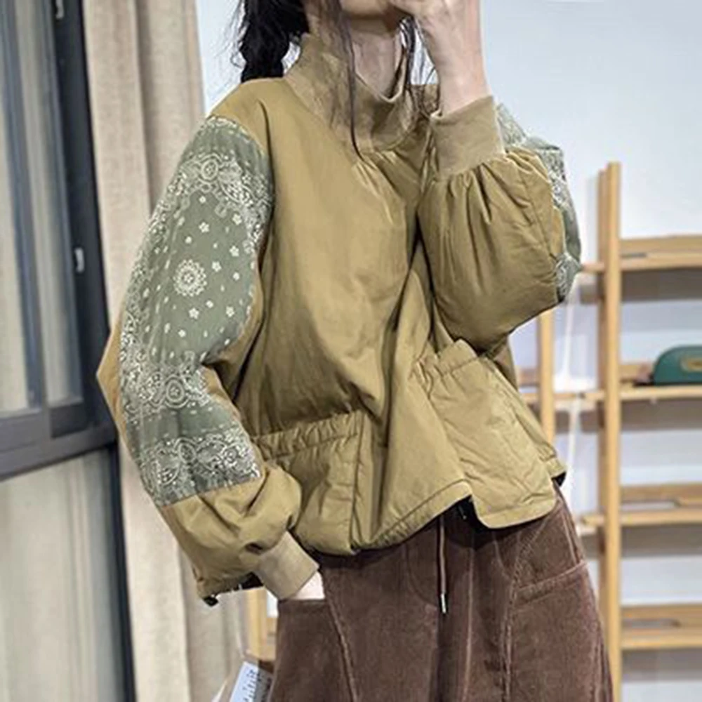 

Autumn winter Korean retro floral splicing semi-turtleneck cotton clothes loose pockets versatile cotton sweater women