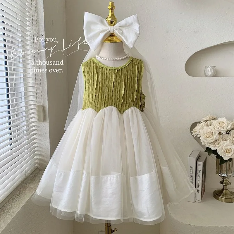 New Summer Korean Version, Girls' Western-style Pleated Patchwork Sleeveless Mesh Princess Style Dress, Trendy