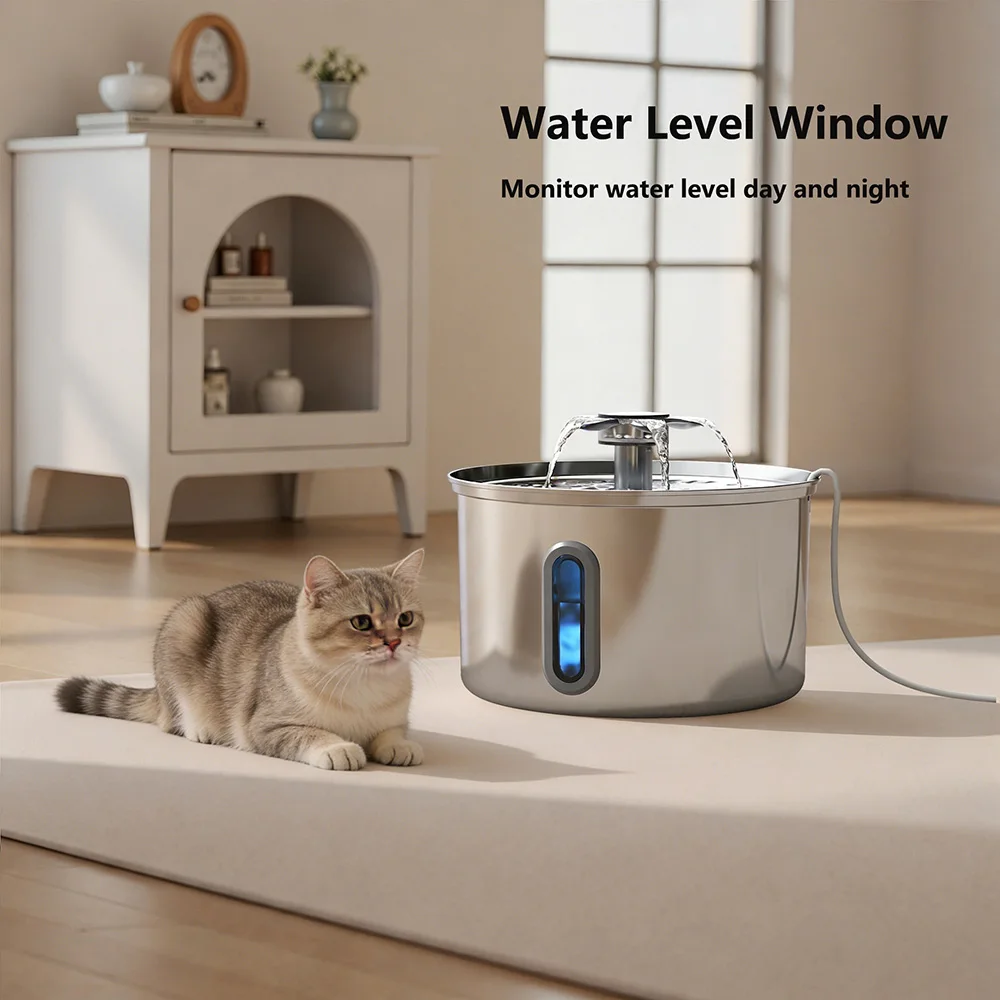 

Автоматический фонтан-поилка для кошек и собак из нержавеющей стали 3 л с прозрачным окном, датчиком заряда и бесшумной работой