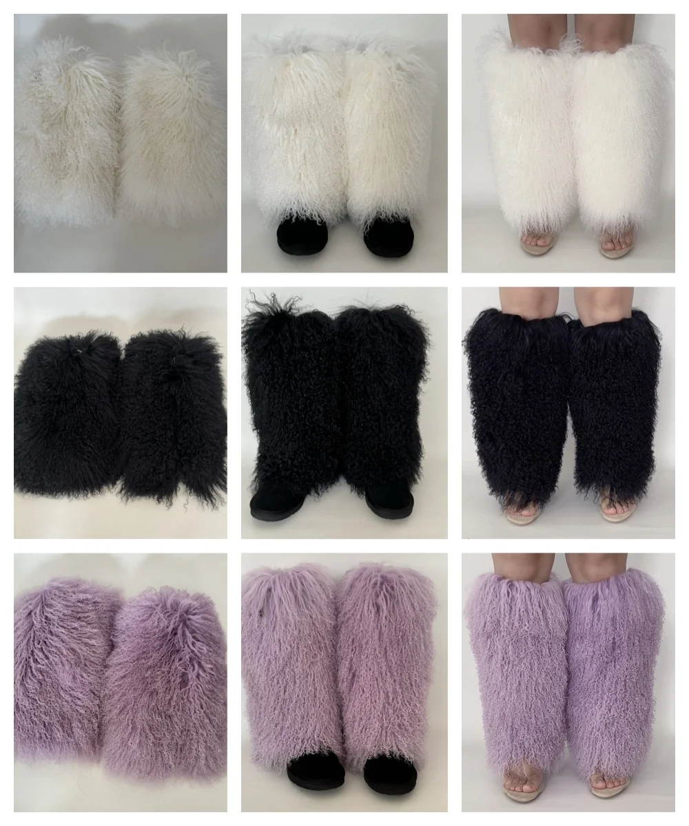 Calentadores de piernas de piel mongol peluda con diseño de moda Popular para mujer, botas calentadores de piernas listas para enviar de alta calidad