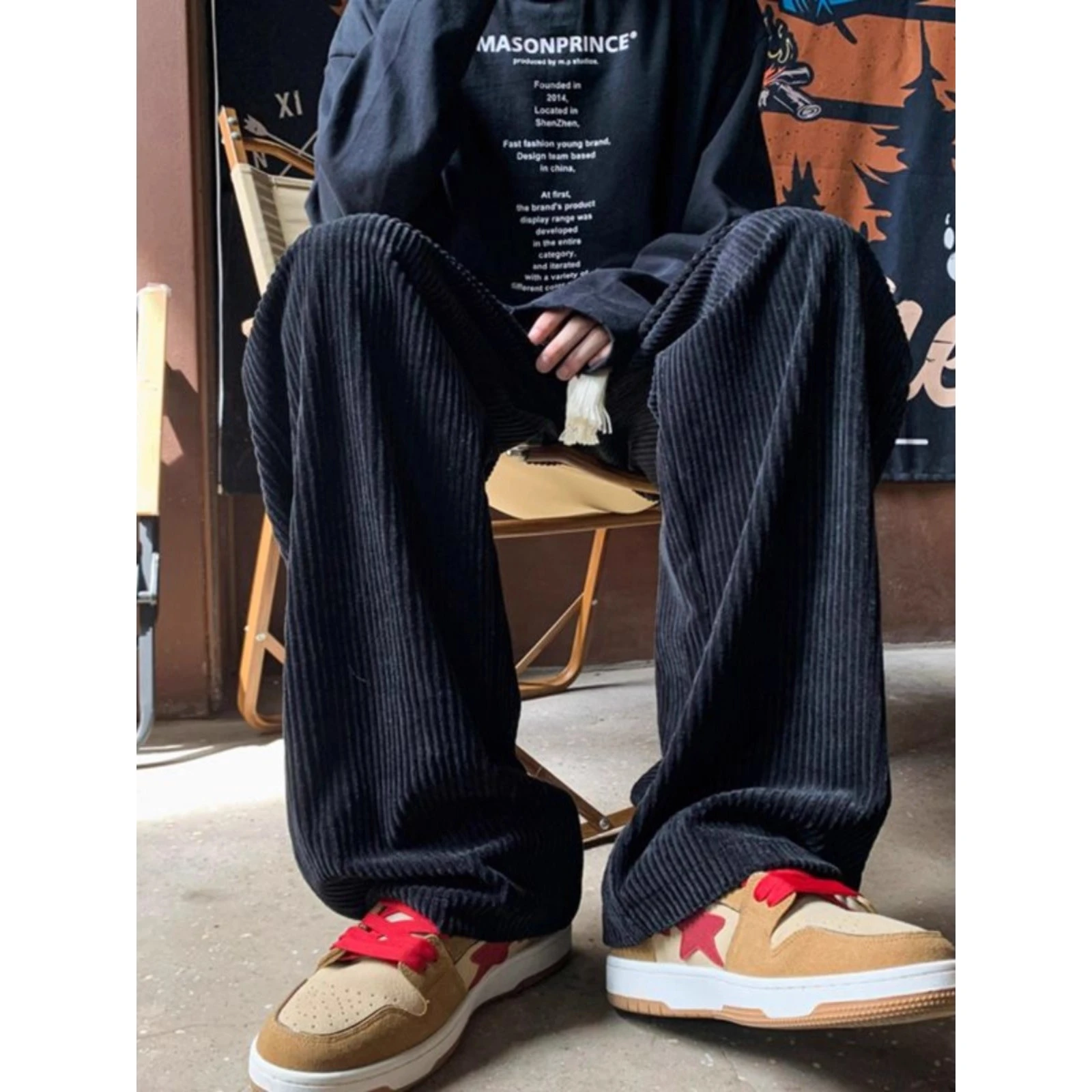 Pantalon en velours côtelé pour hommes, doublure Fce, ample, décontracté, jambe droite, Hong Kong Sle, confortable, en Fiber de Polyester, automne et hiver