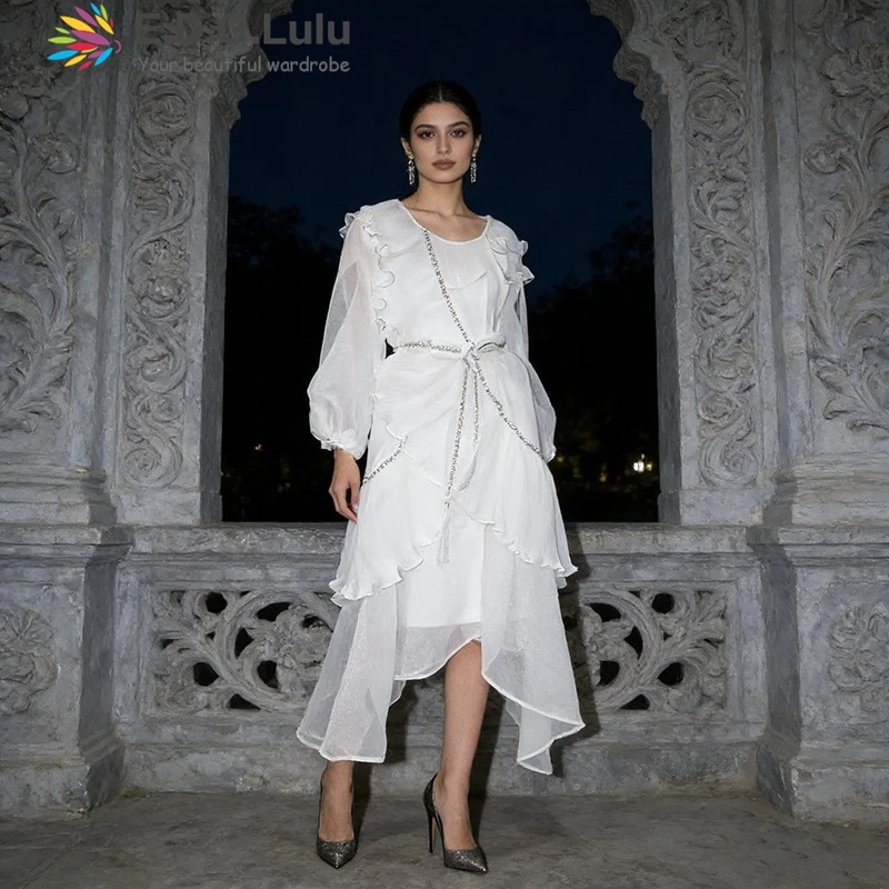 

EDGLuLu Round Neck Lantern Sleeves White Dress 2026 Woman Design Irregular Ruffle Splicing Loose Long Dress+Belt 0425