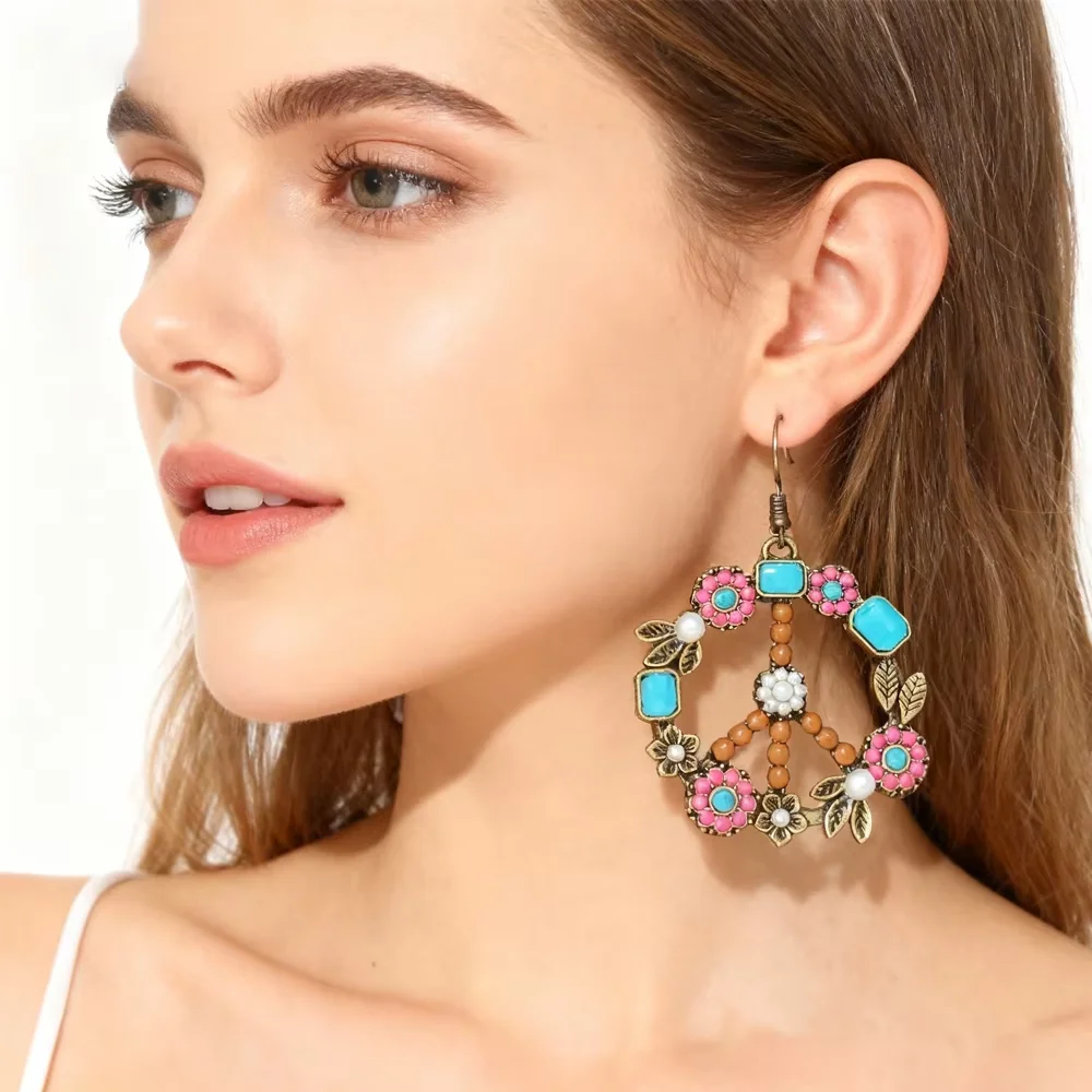 

PESENAR 1960-е годы, винтажные серьги со знаком мира и цветочными бирюзовыми бусинами для ретро-хиппи, костюм, аксессуар для вечеринки