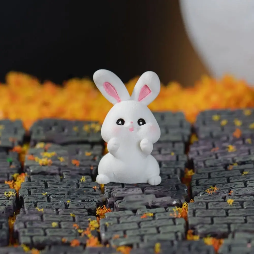 Realistic Micro Landscape Rabbit Figurines Cartoon Resin Bunny Ornaments Handmade Mini Moon Cake