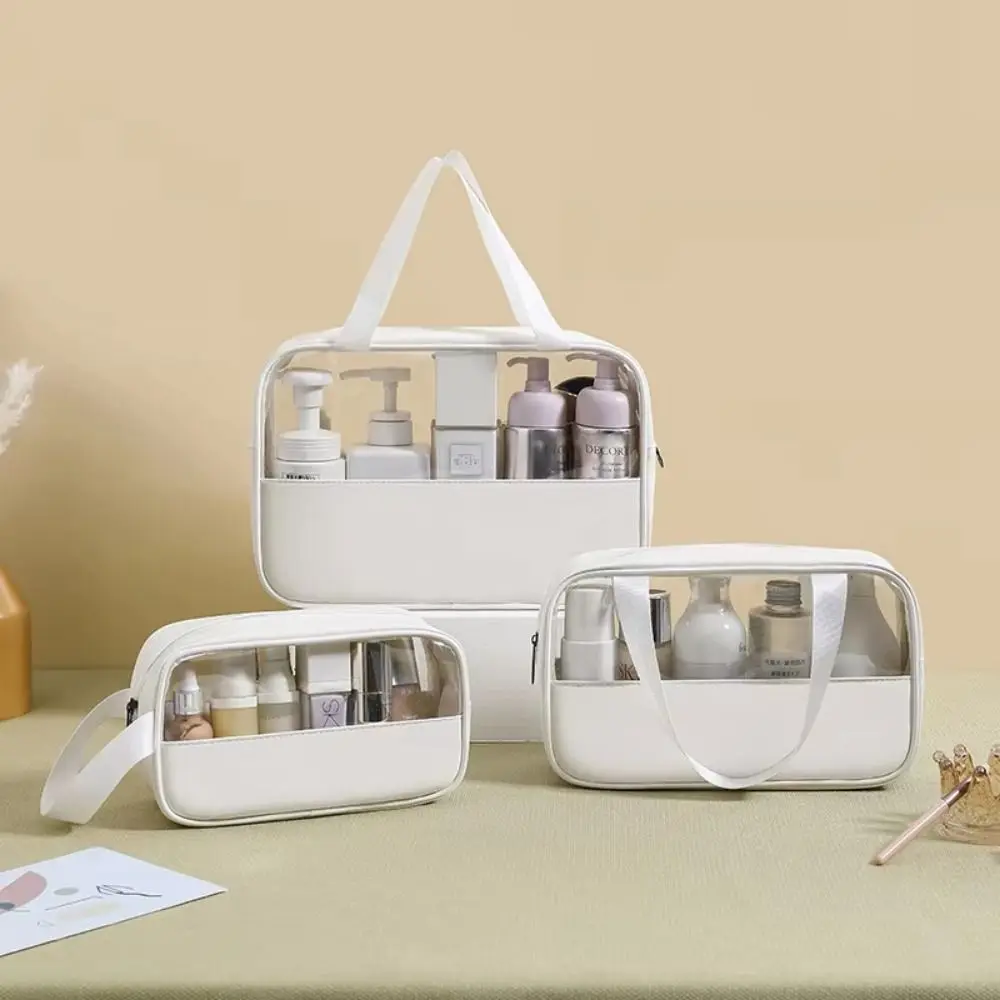 Transparent Travel Cosmetic Bag with Handle Zipper Closure Portable Toiletry Pouch Easy Carry-On Square Women Wash Pack Makeup
