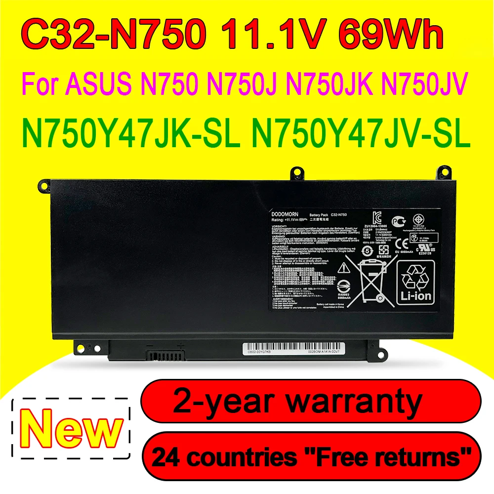 C32-N750 Laptop Battery For ASUS N750 N750J N750JK N750JV N750Y47JK-SL N750Y47JV-SL Series 11.1V 69Wh In Stock 100% Tested