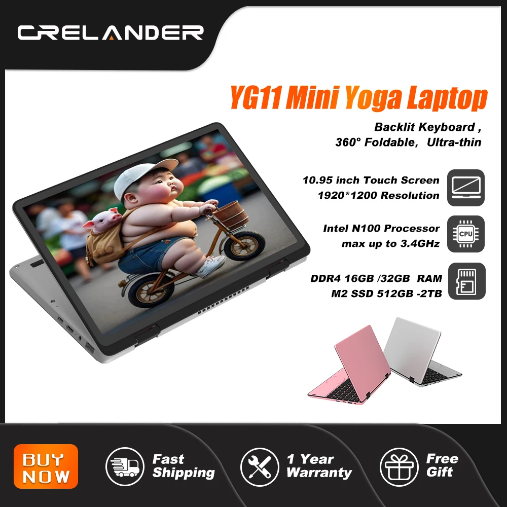 CRELANDER Mini Yoga Laptop 10.95" Pantalla táctil DDR4 16GB M2 SSD Teclado retroiluminado Giratorio 360° Windows 11 Laptops PC Tablet