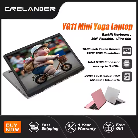 CRELANDER Mini Yoga Laptop 10.95"Touch Screen DDR4 16GB M2 SSD Backlit Keyboard 360&deg; Flipable Windows 11 Laptops PC Tablet